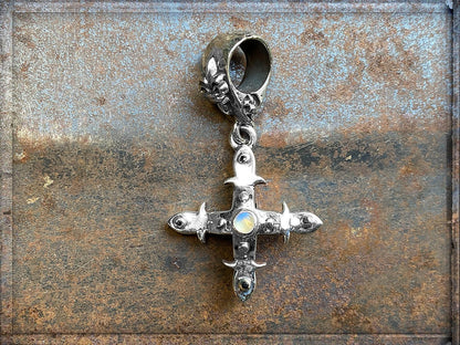 Elfcraft Anhänger Mondstein Cabochon  Brillanten Schwarz 925 Sterling Silber Massiv 3 cm Lilien-Öse Unisex