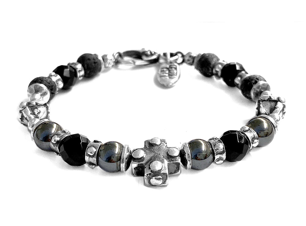 Elfcraft Kreuz-Armband Onyx Lava Hämatit 925 Sterling Silber Massiv Unisex