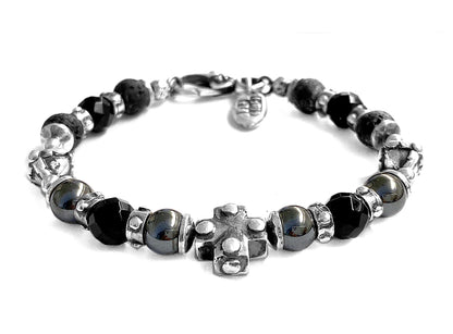 Elfcraft Kreuz-Armband Onyx Lava Hämatit 925 Sterling Silber Massiv Unisex