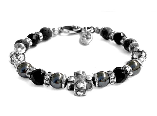 Elfcraft Kreuz-Armband Onyx Lava Hämatit 925 Sterling Silber Massiv Unisex