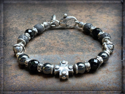 Elfcraft Kreuz-Armband Onyx Lava Hämatit 925 Sterling Silber Massiv Lilien-Karabiner Unisex