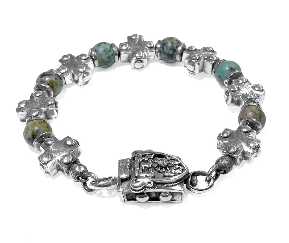 Elfcraft Kreuzarmband Nieten Afrikanischer Türkis Meteorit 925 Sterling Silber Massiv Unisex