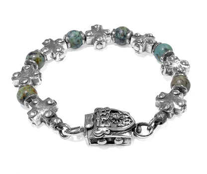 Elfcraft Kreuzarmband Nieten Afrikanischer Türkis Meteorit 925 Sterling Silber Massiv Unisex