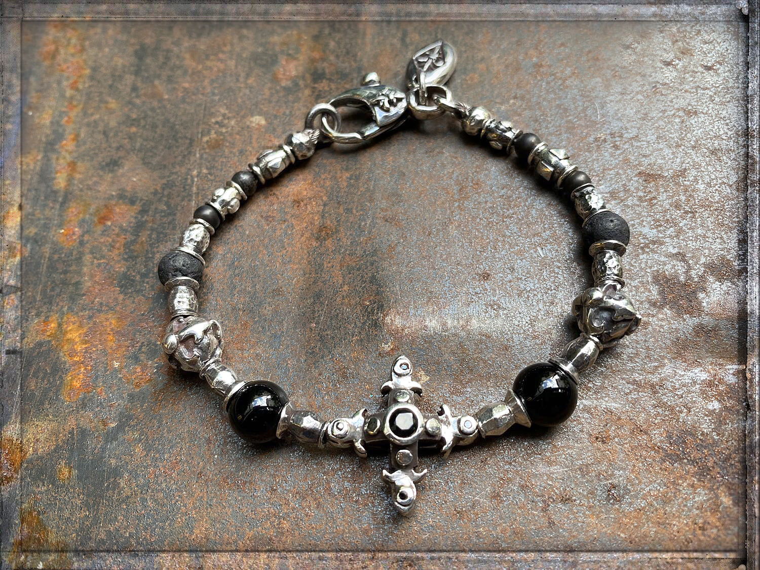 Elfcraft Armband Kreuz Onyx Lava Brillanten Schwarz 925 Silber Massiv Unisex