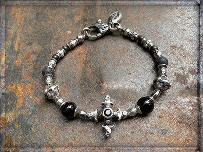 Elfcraft Armband Kreuz Onyx Lava Brillanten Schwarz 925 Silber Massiv Unisex