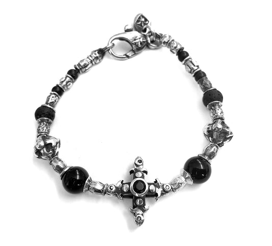 Elfcraft Armband Kreuz Onyx Lava Brillanten Schwarz 925 Sterling Silber Massiv Unisex
