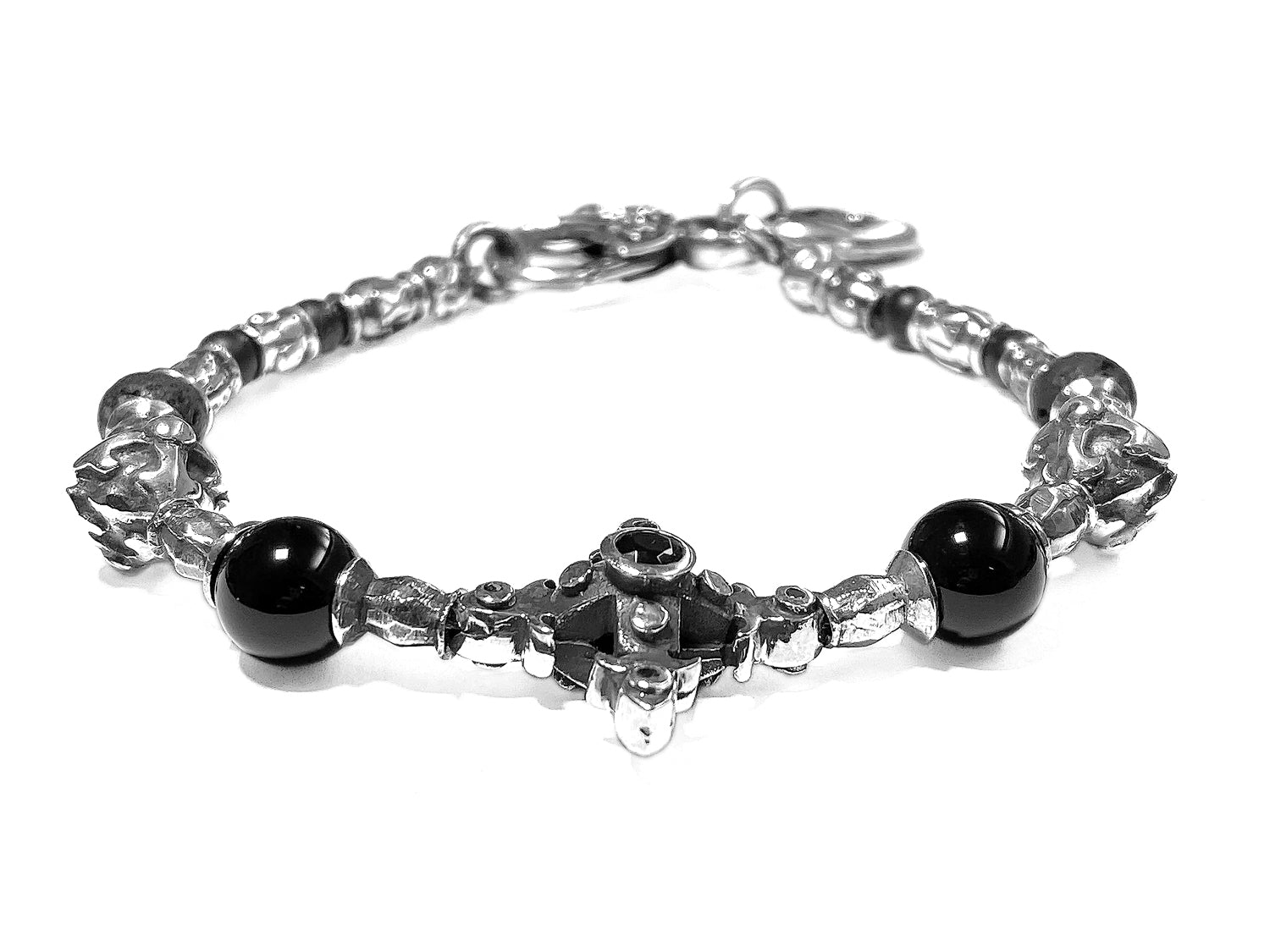 Elfcraft Armband Kreuz Onyx Lava Brillanten Schwarz Sterling Silber Massiv Unisex