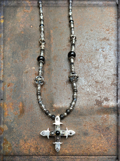 Elfcraft Kreuzkette 925 Sterling Silber Massiv Onyx Brillanten Unisex