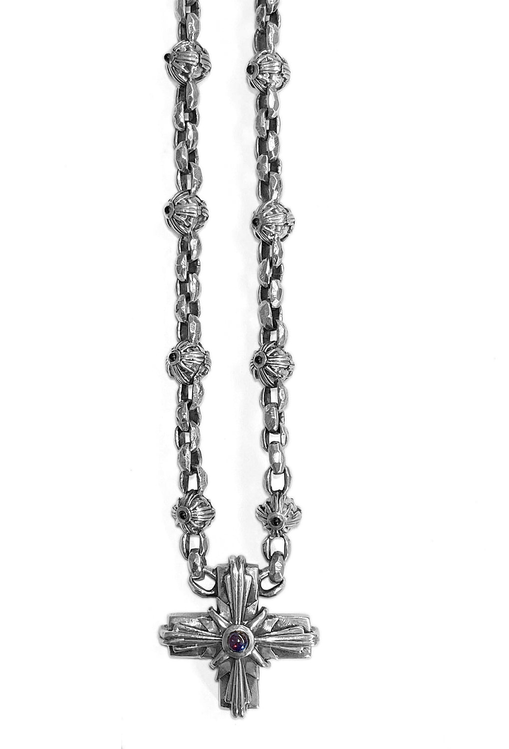 Elfcraft Kreuzkette Morning Star Kreuz Granat Onyx 925 Sterling Silber Massiv Erbsmuster Gehämmert Unisex