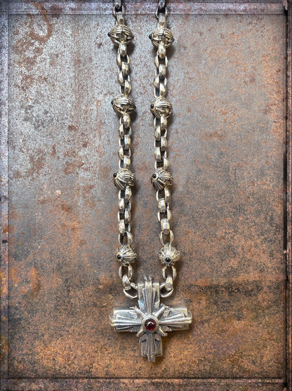 Elfcraft Kreuzkette Morning Star Granat Onyx 925 Sterling Silber Massiv Erbsmuster Gehämmert Unisex
