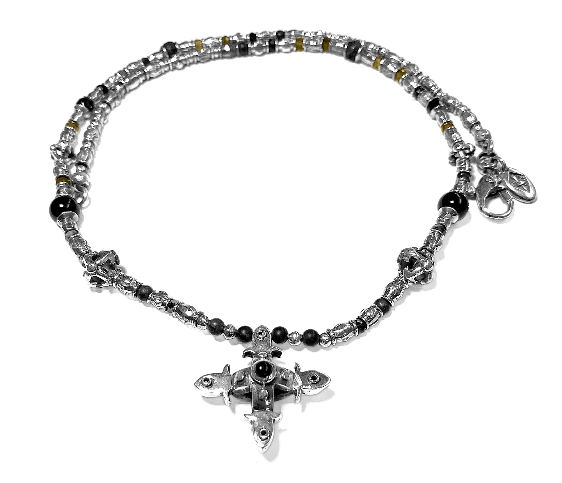 Elfcraft Kreuzkette Sterling Silber Massiv Onyx Brillanten Schwarz Unisex