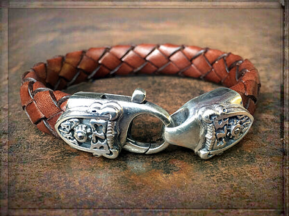 Elfcraft Leder-Armband Geflochten Braun 13 mm Breit Karabiner Meteoriten 925 Sterling Silber Massiv
