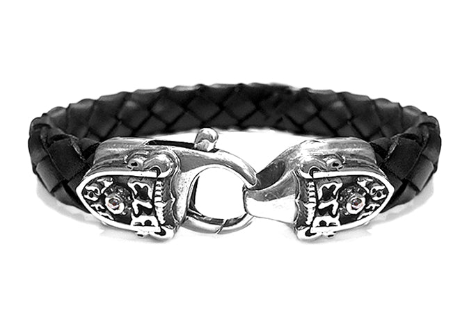 Elfcraft Leder-Armband Geflochten Schwarz 13 mm Breit Karabiner Meteoriten 925 Sterling Silber Massiv