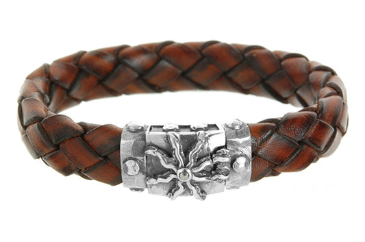 Elfcraft Lederarmband Braun 13 mm Geflochten Elfin Sun Meteorit-Schließe 925 Sterling Silber Unisex