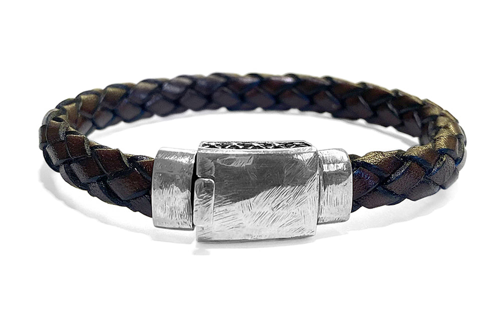 Elfcraft Lederarmband Braun Geflochten 10 mm Facettierte Schließe 925 Sterling Silber Unisex