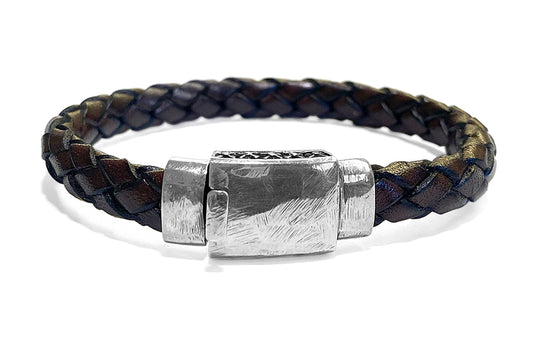 Elfcraft Lederarmband Braun Geflochten 10 mm Facettierte Schließe 925 Sterling Silber Unisex
