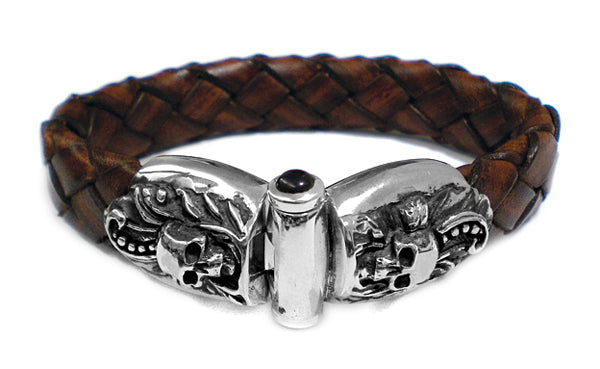 Elfcraft Lederarmband Braun Geflochten Skulls Totenköpfe Magic-Plant-Motive 925 Sterling Silber Massiv Unisex