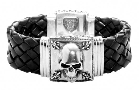 Elfcraft Lederarmband 22 mm Breit Geflochten Schwarz Skull Totenkopf Meteorit 925 Sterling Silber Massiv