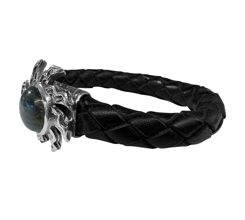 Elfcraft Lederarmband Geflochten Schwarz Flamed Sun Sonne Labradorit Cabochon 925 Sterling Silber Unisex Seitlich