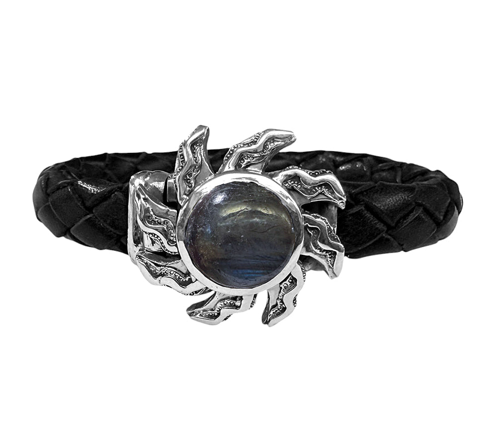 Elfcraft Lederarmband Geflochten Schwarz Flamed Sun Sonne Labradorit Cabochon 925 Sterling Silber Unisex