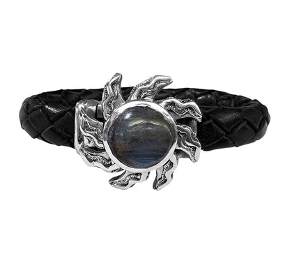 Elfcraft Lederarmband Geflochten Schwarz Flamed Sun Sonne Labradorit Cabochon 925 Sterling Silber Unisex