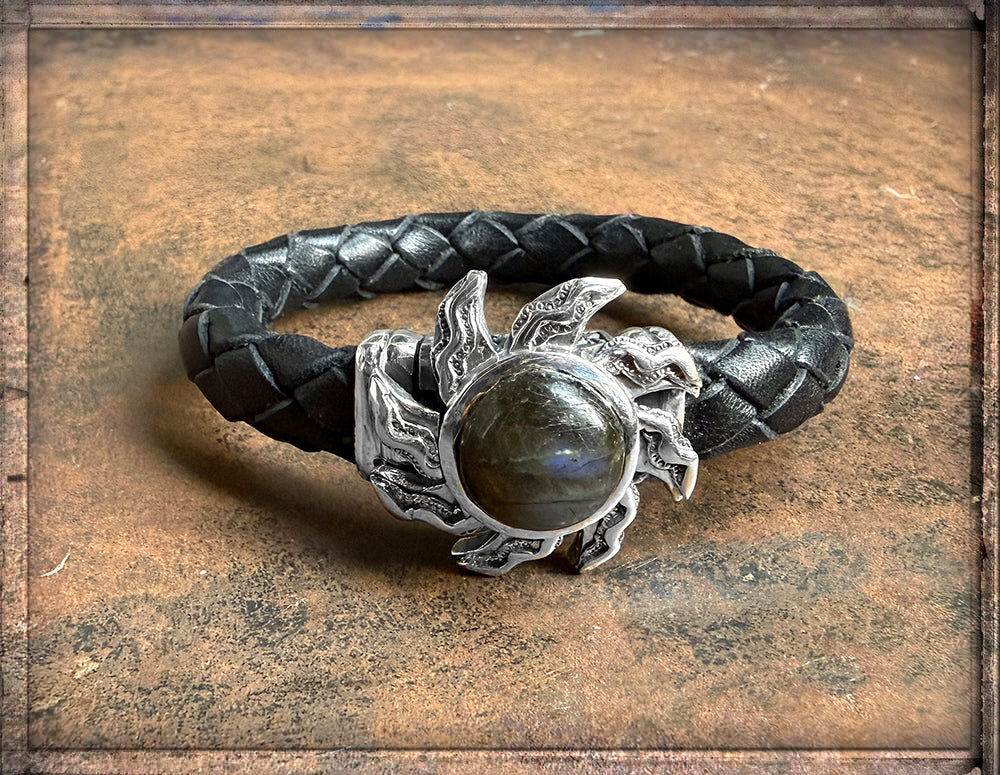 Elfcraft Lederarmband Geflochten Schwarz Flamed Sun Sonne Labradorit Cabochon 925 Silber Unisex