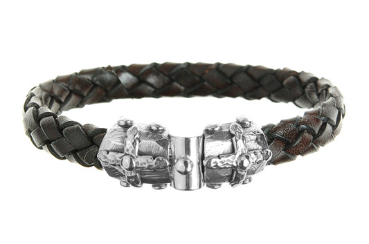 Elfcraft Lederarmband 10 mm Breit Geflochten Braun Schliesse Kreuz-Motive 925 Sterling Silber Massiv Unisex
