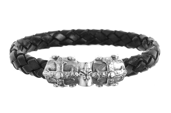 Elfcraft Lederarmband 10 mm Breit Geflochten Schwarz Kreuz-Schliesse Lilie 925 Sterling Silber Massiv Unisex