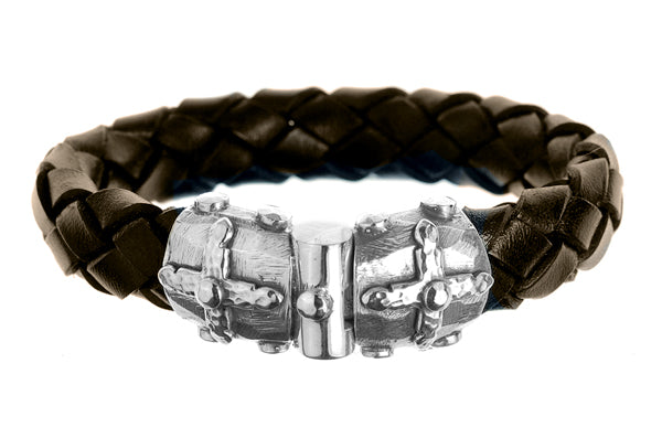 Elfcraft Lederarmband 13 mm Breit Geflochten Braun Schliesse Kreuz-Motive 925 Sterling Silber Massiv Unisex