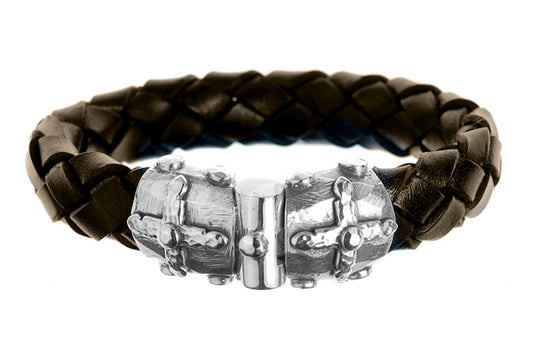 Elfcraft Lederarmband 13 mm Breit Geflochten Braun Schliesse Kreuz-Motive 925 Sterling Silber Massiv Unisex