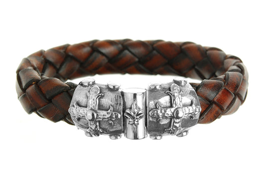 Elfcraft Lederarmband 13 mm Breit Geflochten Braun Kreuz-Schliesse Lilie 925 Sterling Silber Massiv Unisex