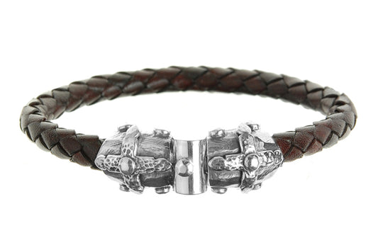 Elfcraft Lederarmband 7 mm Breit Geflochten Braun Schliesse Kreuz-Motive 925 Sterling Silber Massiv Unisex