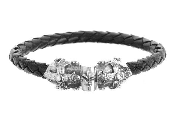 Elfcraft Lederarmband 7 mm Breit Geflochten Schwarz Kreuz-Schliesse Lilie 925 Sterling Silber Massiv Unisex
