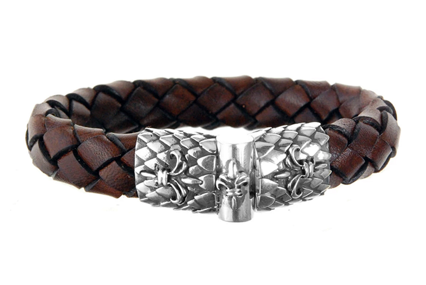 Elfcraft Lederarmband Geflochten Braun 13 mm Lilien-Motive Drachenschuppen-Optik 925 Sterling Silber Massiv Unisex