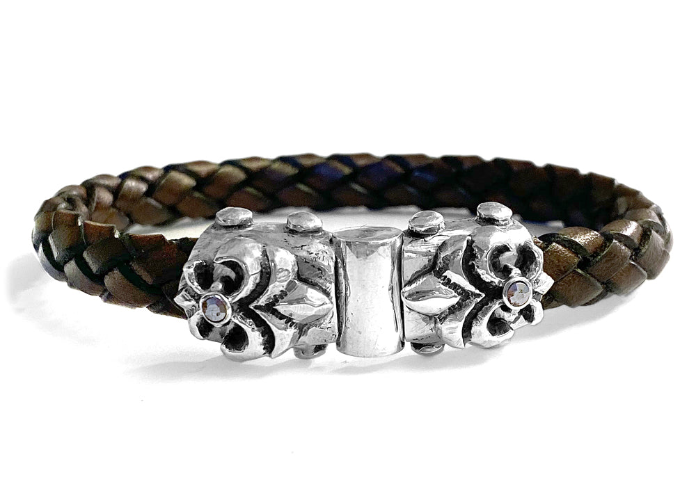 Elfcraft Lederarmband Geflochten Braun 10 mm Lilien-Verschluss Meteoriten 925 Sterling Silber Massiv Unisex