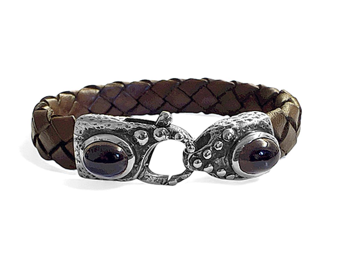 Elfcraft Lederarmband Geflochten Braun Rauchquarz Karabiner 925 Sterling Silber Massiv Unisex