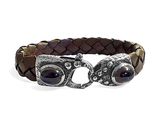 Elfcraft Lederarmband Geflochten Braun Rauchquarz Karabiner 925 Sterling Silber Massiv Unisex