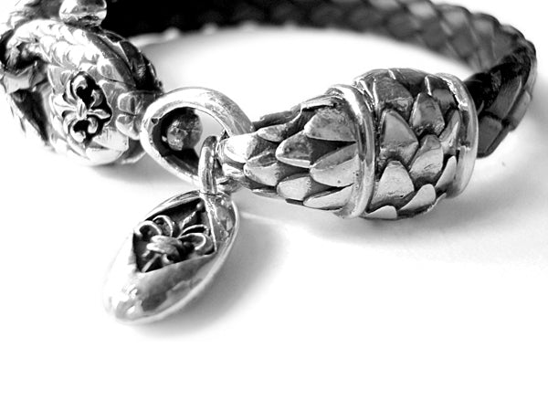 Elfcraft Lederarmband Geflochten Schwarz Karabiner Drachenschuppen-Optik Lilie 925 Sterling Silber Massiv Unisex Detail 2