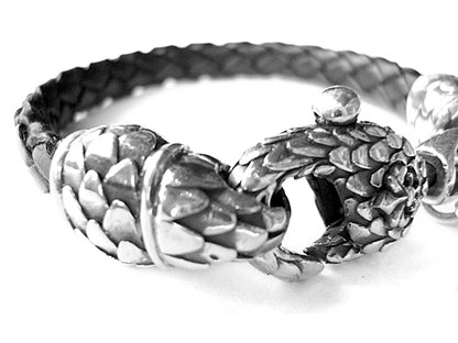 Elfcraft Lederarmband Geflochten Schwarz Karabiner Drachenschuppen-Optik Lilie 925 Sterling Silber Massiv Unisex Detail