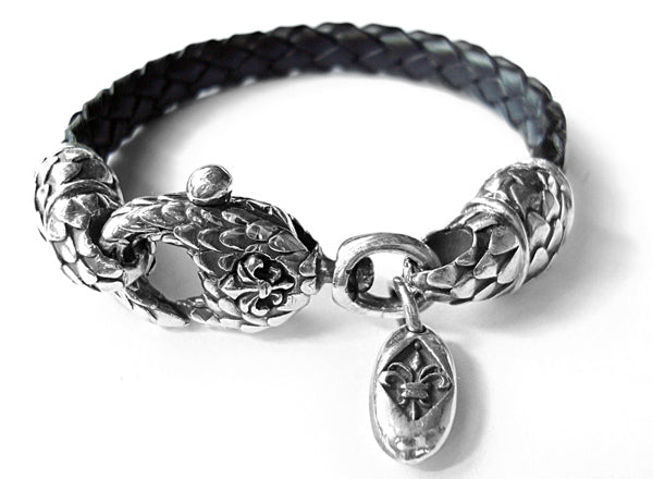 Elfcraft Lederarmband Geflochten Schwarz Karabiner Drachenschuppen-Optik Lilie 925 Sterling Silber Massiv Unisex
