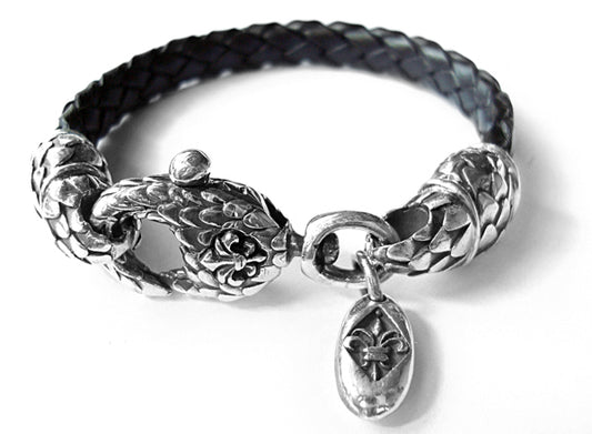 Elfcraft Lederarmband Geflochten Schwarz Karabiner Drachenschuppen-Optik Lilie 925 Sterling Silber Massiv Unisex