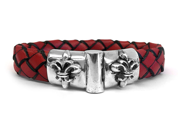 Elfcraft Lederarmband Geflochten Rot 13 mm Lilien-Verschluss 925 Sterling Silber Massiv Unisex