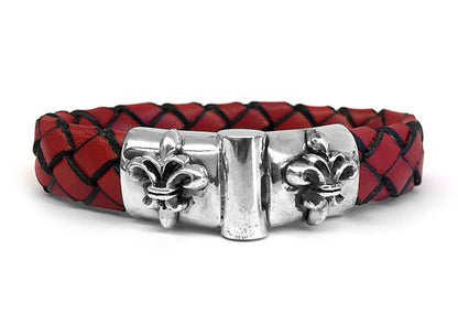 Elfcraft Lederarmband Geflochten Rot 13 mm Lilien-Verschluss 925 Sterling Silber Massiv Unisex