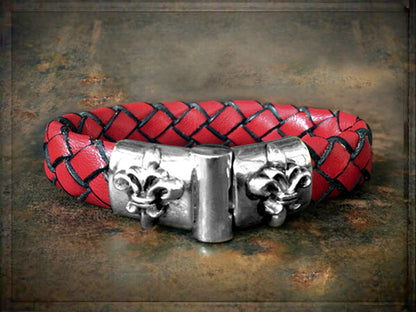 Elfcraft Lederarmband Geflochten Rot 13 mm Lilien-Verschluss Sterling Silber Massiv Unisex