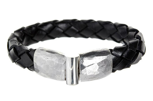 Elfcraft Lederarmband Geflochten Schwarz 13 mm Schließe Gehämmert 925 Sterling Silber Massiv Unisex