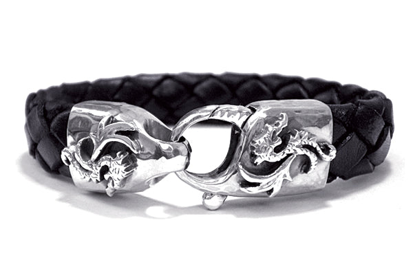 Elfcraft Lederarmband Geflochten Schwarz 13 mm Breit Karabiner Drachen-Motive 925 Sterling Silber Gehämmert Massiv