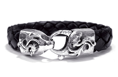 Elfcraft Lederarmband Geflochten Schwarz 13 mm Breit Karabiner Drachen-Motive 925 Sterling Silber Gehämmert Massiv
