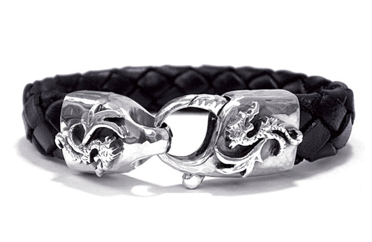 Elfcraft Lederarmband Geflochten Schwarz 13 mm Breit Karabiner Drachen-Motive 925 Sterling Silber Gehämmert Massiv