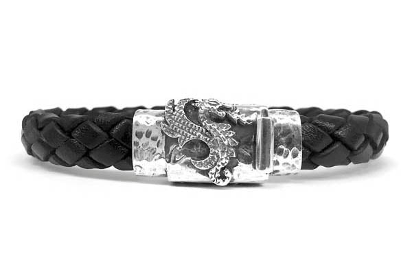 Elfcraft Lederarmband Geflochten Schwarz 10 mm Drachen-Motiv Gehämmert 925 Sterling Silber Massiv Unisex