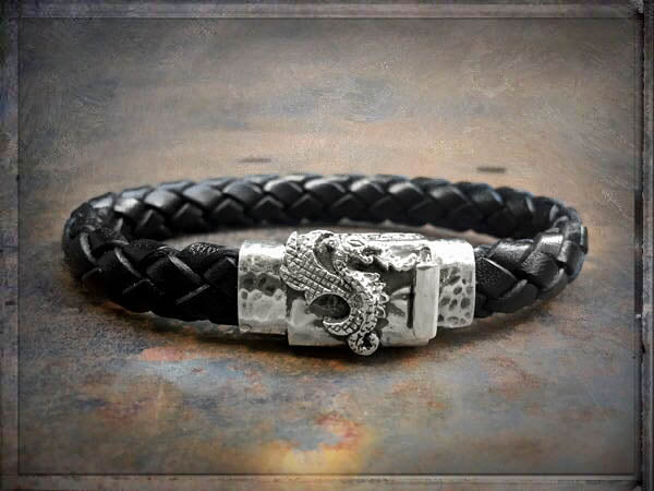 Elfcraft Lederarmband Geflochten Schwarz 10 mm Drachen-Motiv 925 Silber Massiv Unisex